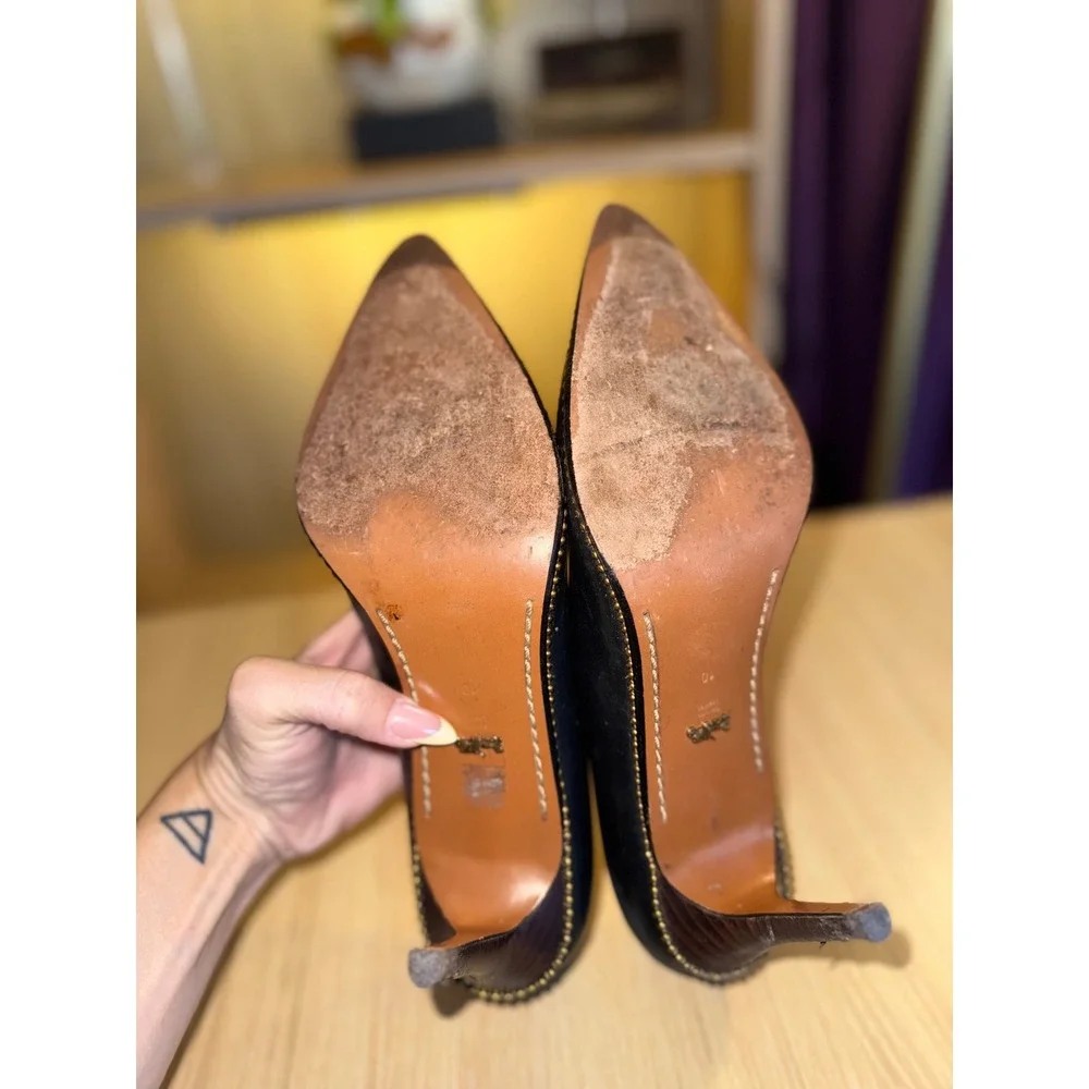 Coach Black Leather Pointed Toe Pumps Chain Detail Stiletto Heels Womens Size 10